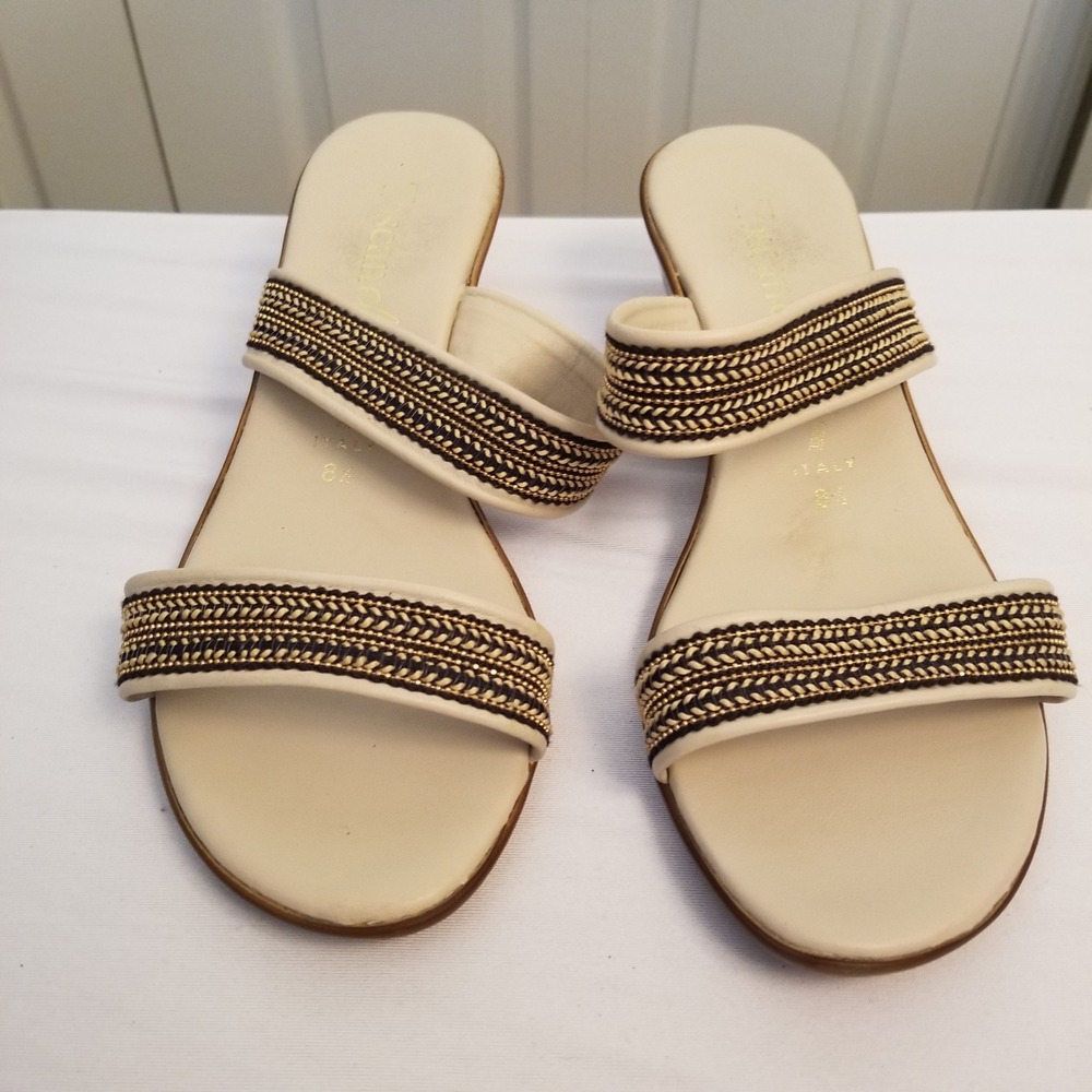 Toscanella Italy Cream Leather Braided Gold Chain Slide Sandals Kitten Heel 8.5